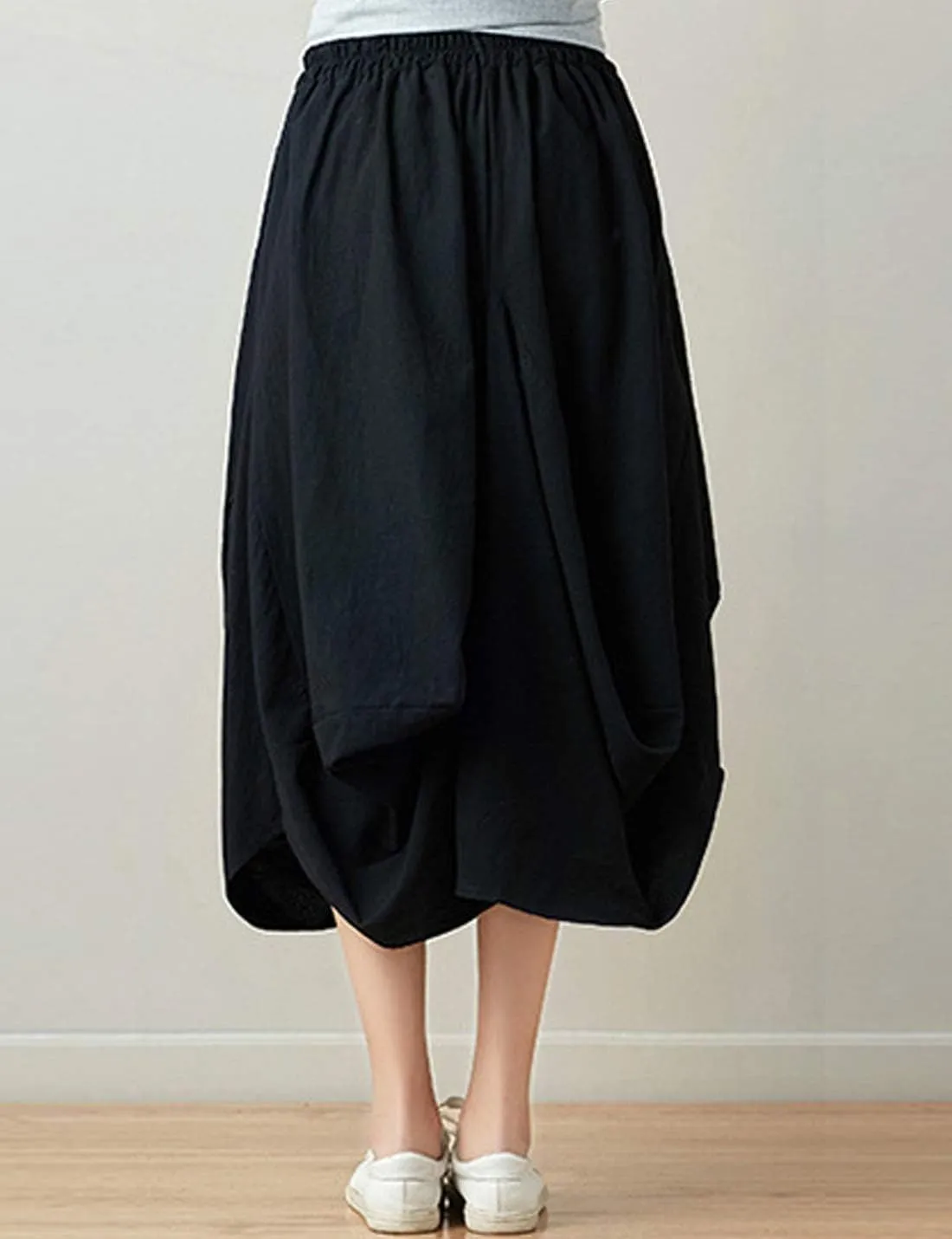 Flygo Women's Retro Elastic Waist Pleated Baggy Linen Midi Skirts with Pockets