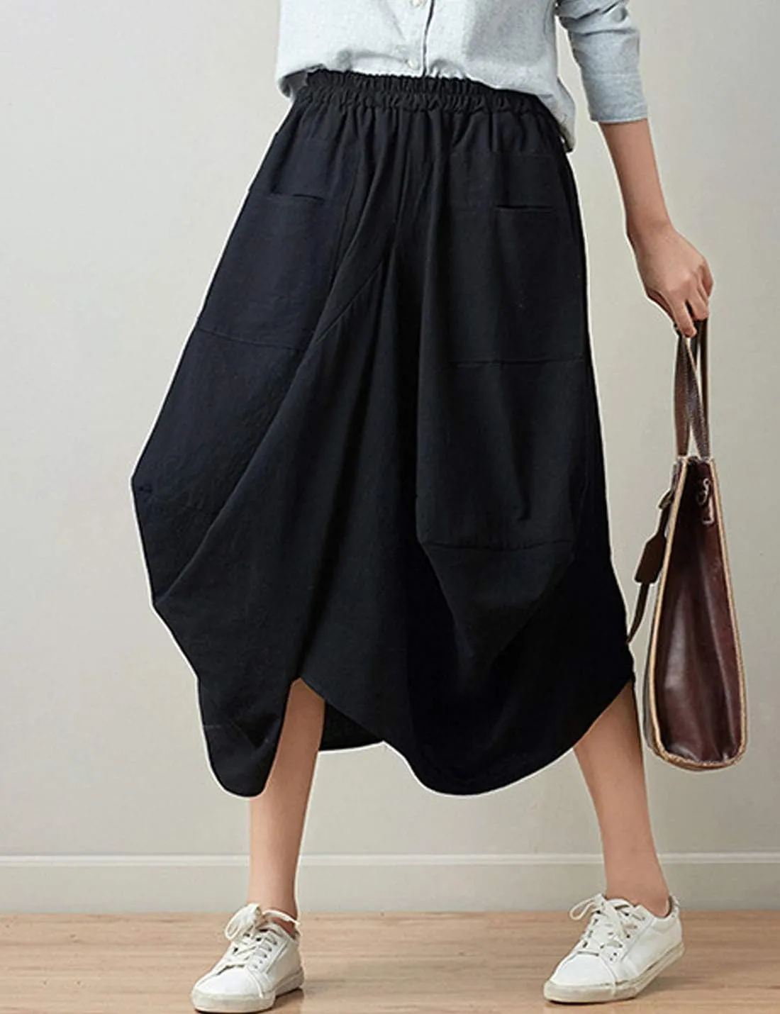 Flygo Women's Retro Elastic Waist Pleated Baggy Linen Midi Skirts with Pockets