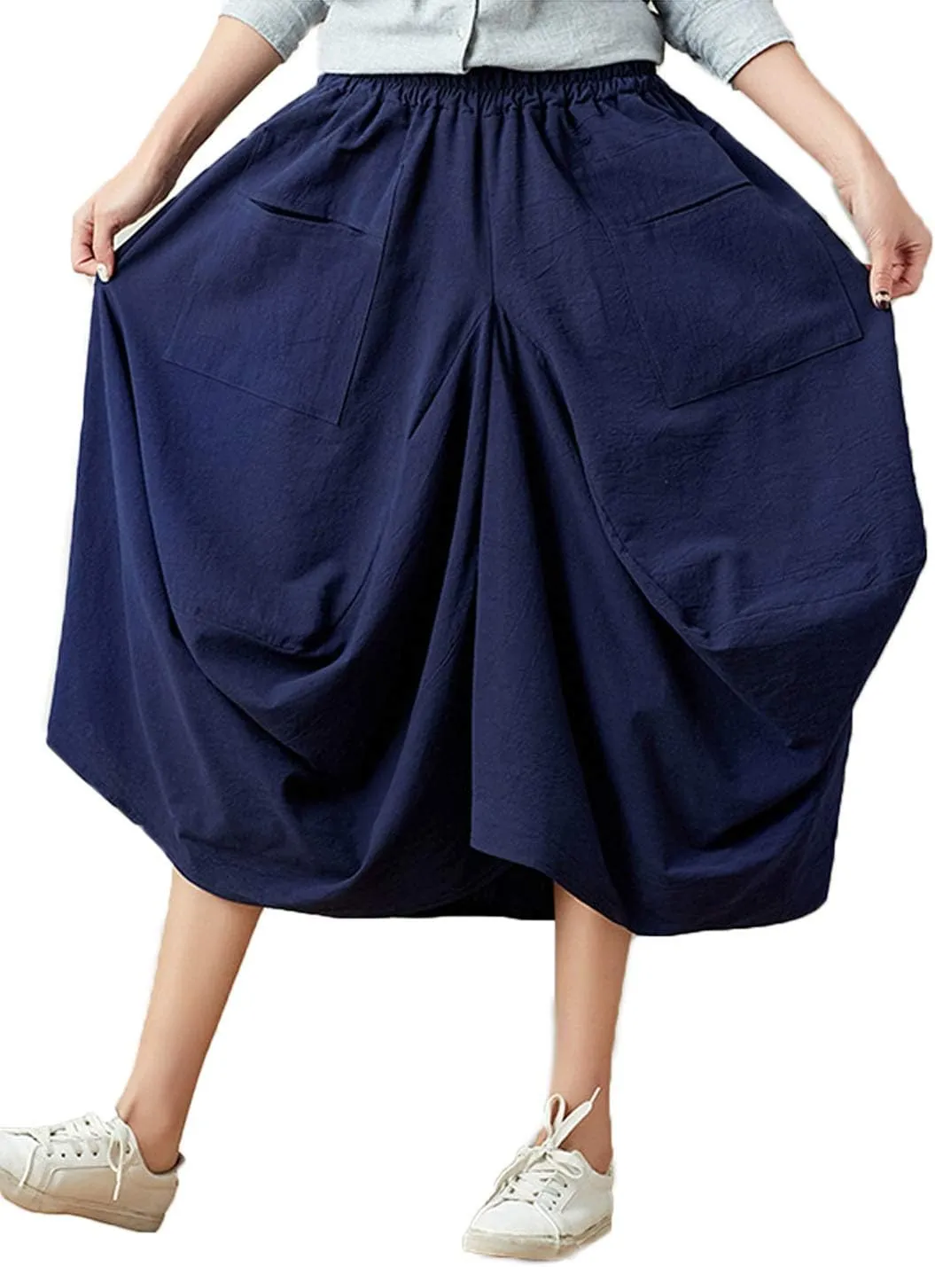 Flygo Women's Retro Elastic Waist Pleated Baggy Linen Midi Skirts with Pockets