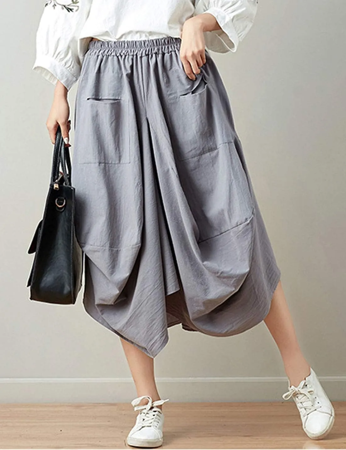 Flygo Women's Retro Elastic Waist Pleated Baggy Linen Midi Skirts with Pockets