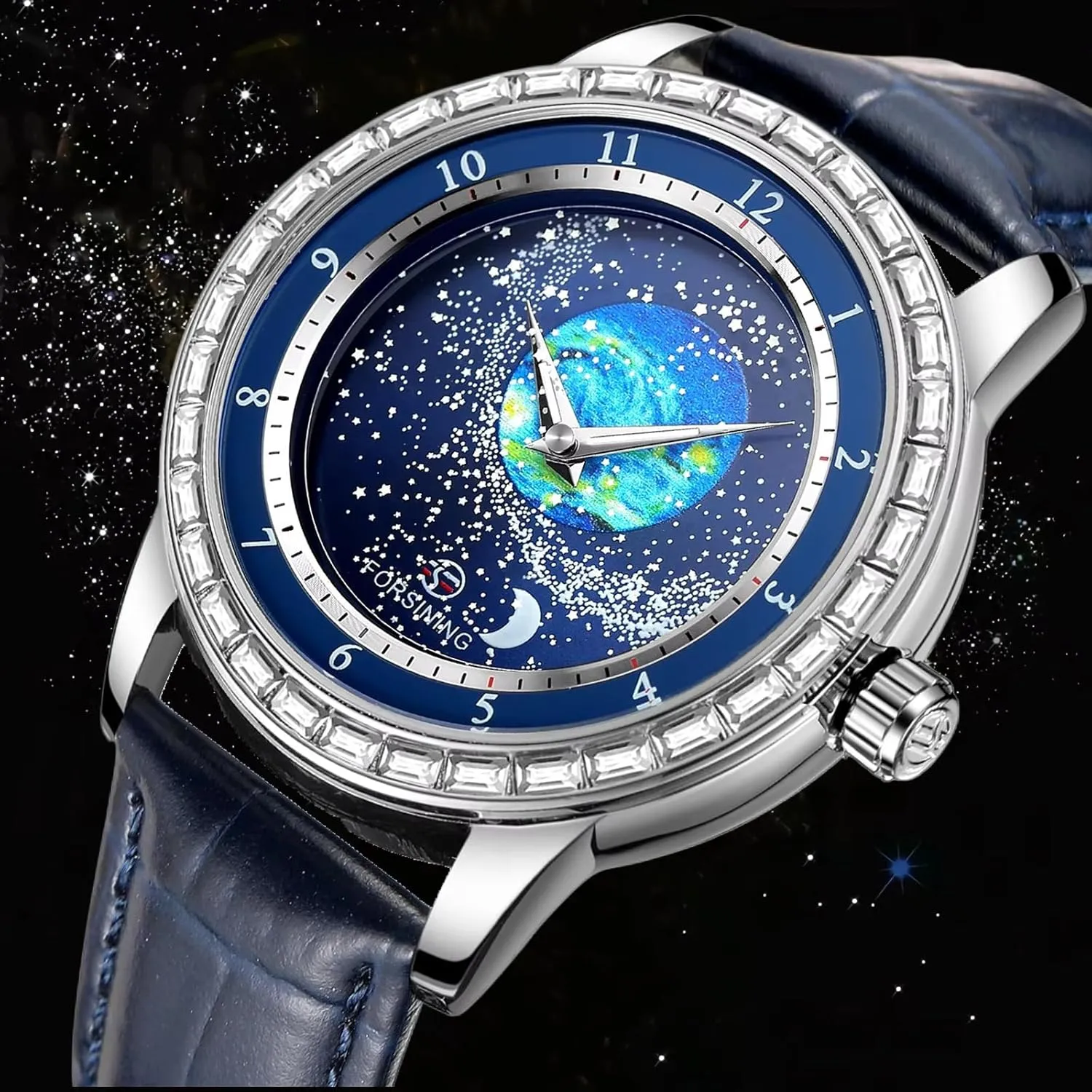 FORSINING Watches for Men Rhinestone Inlay Rotational Starry Sky Moon Phase Mechanical Automatic Watch Waterproof for Business Leather Wristwatch