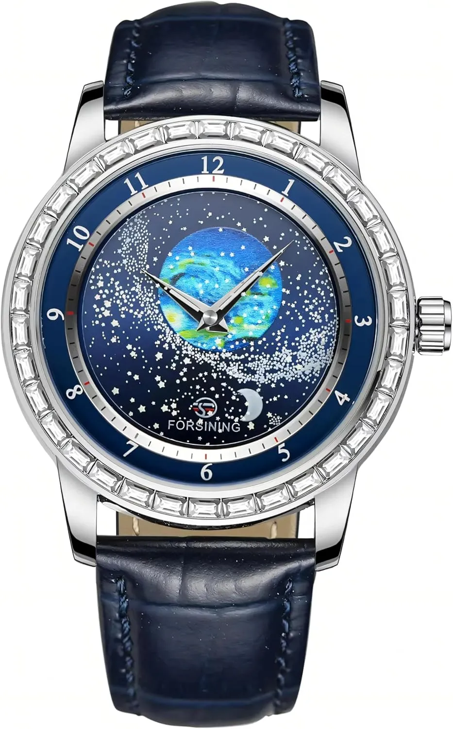 FORSINING Watches for Men Rhinestone Inlay Rotational Starry Sky Moon Phase Mechanical Automatic Watch Waterproof for Business Leather Wristwatch