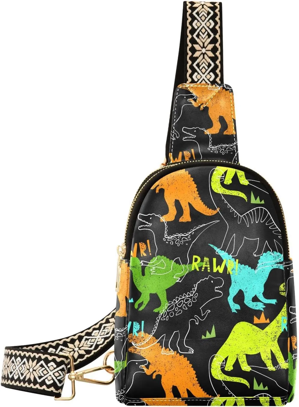 Funny Dinosaurs Fanny Pack Crossbody PC Leather Small Sling Bag for Women Cartoon Dino Fashion Waist Packs Chest Bag for Travel Sports Running Hiking