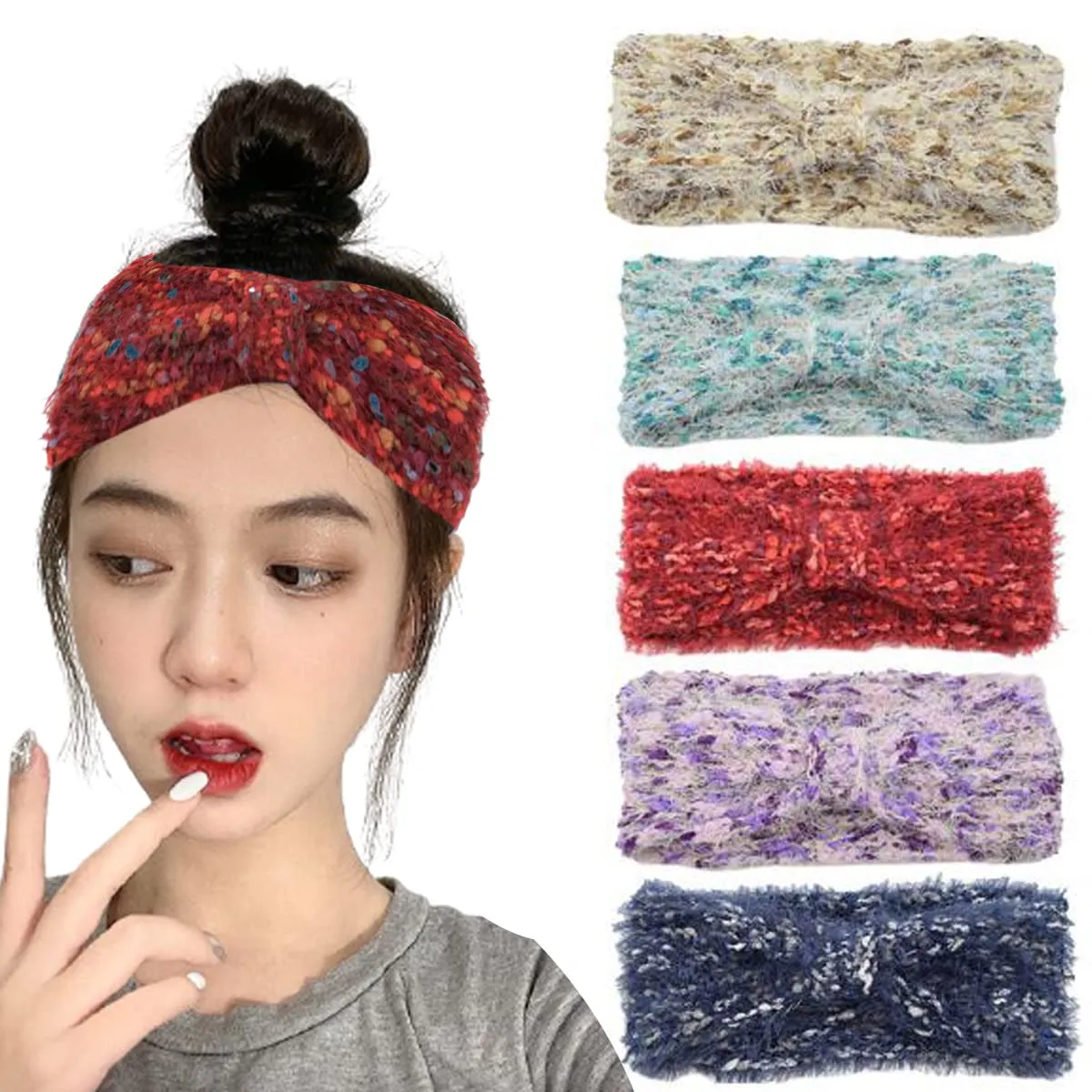 FZBNSRKO 5 Pcs Colorful Knit Wool Headbands Hair Band Bowknot Head Band Ear Warmer Handmade Hair Accessories Crochet Head Wrap for Women