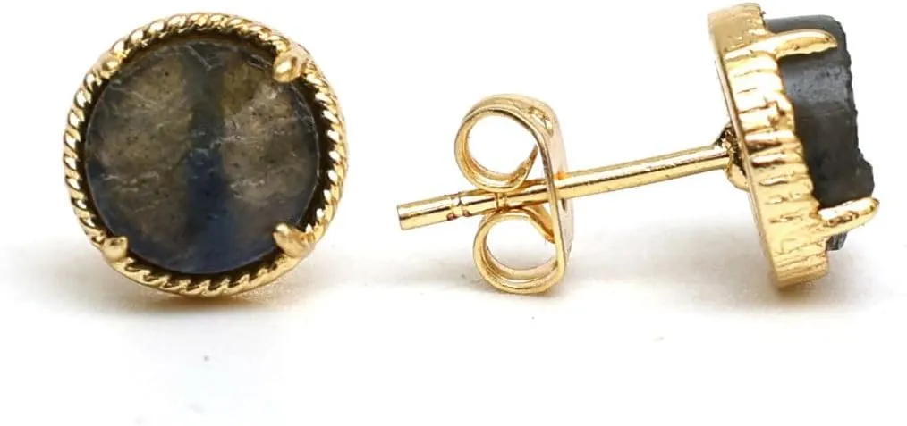 Gempires 14K Yellow Gold Plated Prong Set Labradorite Stud Earrings for Women Handmade Elegant Gemstone Jewelry Unique Birthday Gift Minimalist Earrings