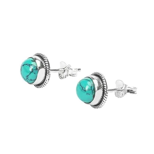 Gemstone Stud Earrings in 925 Sterling Silver | Natural 6MM Gemstones - Amethyst, Onyx, Citrine, Moonstone | Hypoallergenic Jewelry (Turquoise)