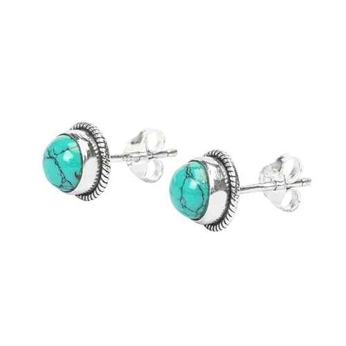 Gemstone Stud Earrings in 925 Sterling Silver | Natural 6MM Gemstones - Amethyst, Onyx, Citrine, Moonstone | Hypoallergenic Jewelry (Turquoise)