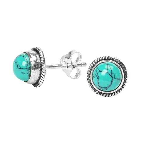 Gemstone Stud Earrings in 925 Sterling Silver | Natural 6MM Gemstones - Amethyst, Onyx, Citrine, Moonstone | Hypoallergenic Jewelry (Turquoise)
