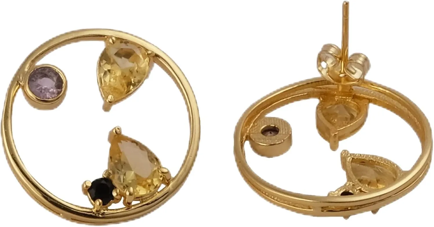 Gift For Her Jewelry| Push Back Gold Plated Stud Earring | Citrine & Amethyst & Black Onyx Gemstone Stud Earring Pair | Handmade Pear & Round Shape Prong Set Stud Earring | 1979)6