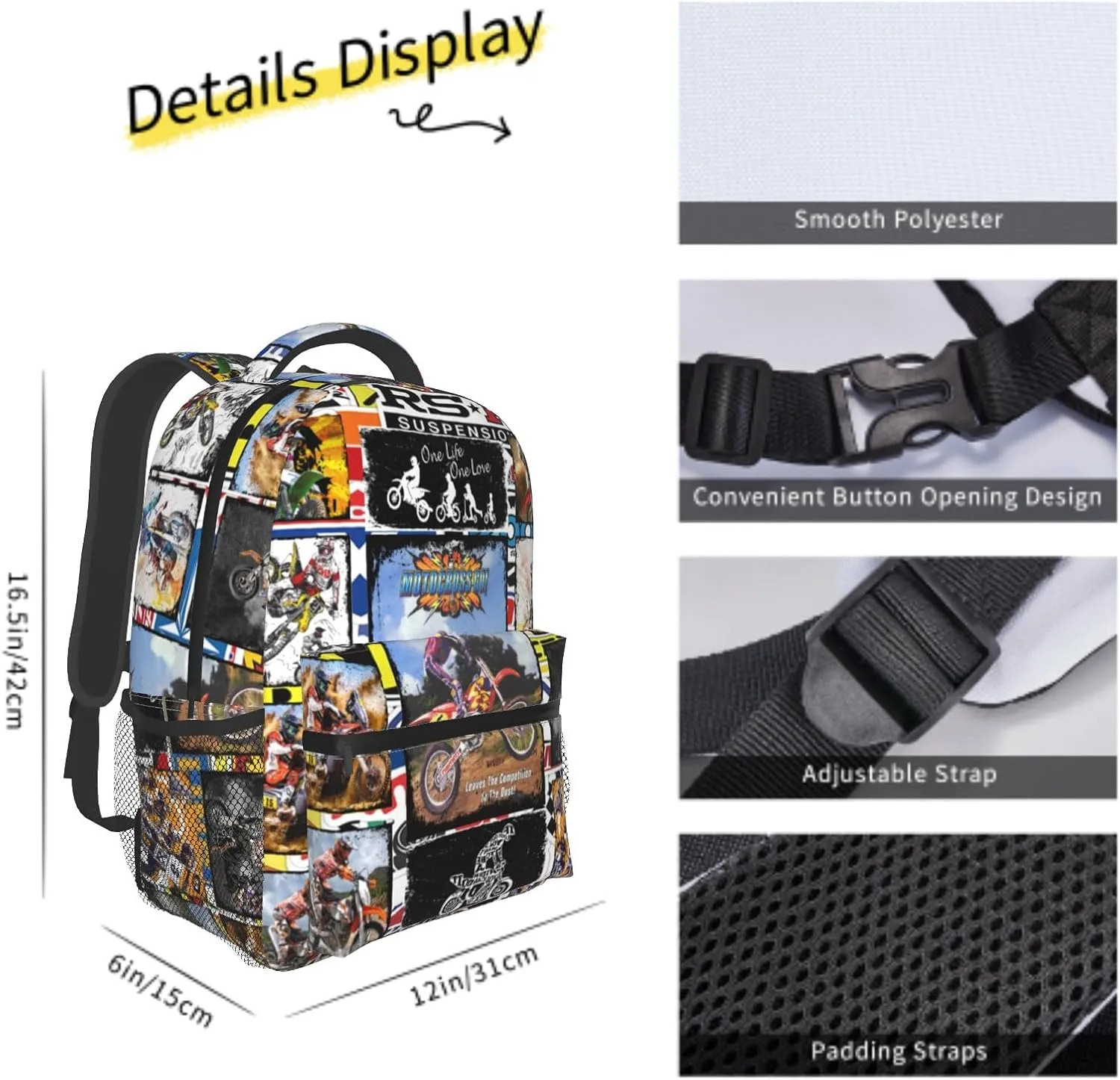 Giwawa Motocross Backpack for School,Dirty Bike Sports Motorcycles Bookbag Travel Bags Durable Lightweight Casual Laptop Computer Back Pack for Children Boys Girls Teens Men Women