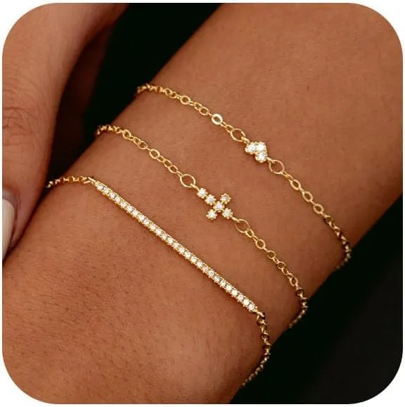 Gold Bracelets for Women, Dainty Gold Cross Bracelet 14k Gold Plated CZ Heart Bracelet Set Small Cross Bracelet Stack Chain Bracelet Cute Bracelets for Women Trendy Jewelry Baptism Gifts for Her