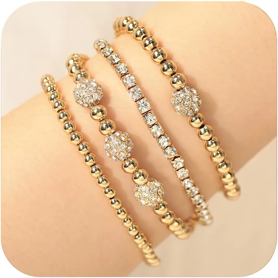 Gold Chain Link Beaded Bracelet Set for Women 14K Gold Plated Sparkling Cubic Zirconia CZ Lock Portrait Dainty Classic Stretchable Layered Bracelets