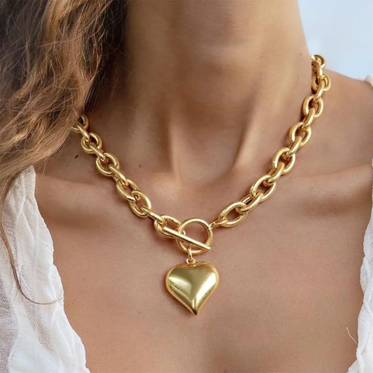 Gold Chunky Heart Necklace for Women Silver Puffy Heart Pendant Paperclip Necklace Chunky Chain Statement Jewelry