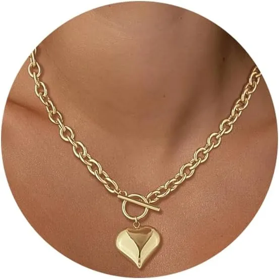 Gold Chunky Heart Necklace for Women Silver Puffy Heart Pendant Paperclip Necklace Chunky Chain Statement Jewelry