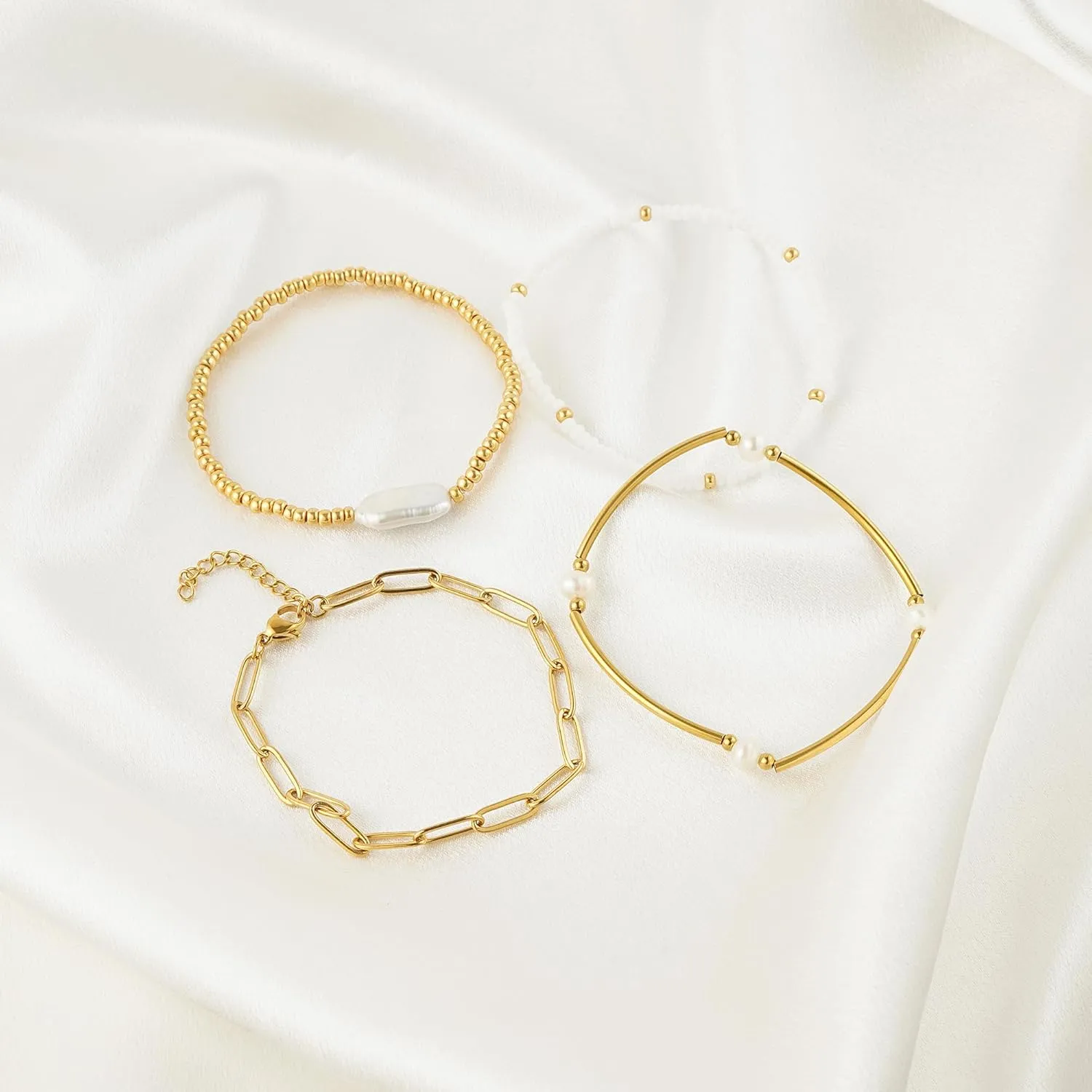 Gold Pearl Beaded Bracelets for Women Stackable Set, Elegant Delicate Paperclip Link Stretch Chain Summer Bracelet Dainty Trendy Gold Jewelry Birthday Gift