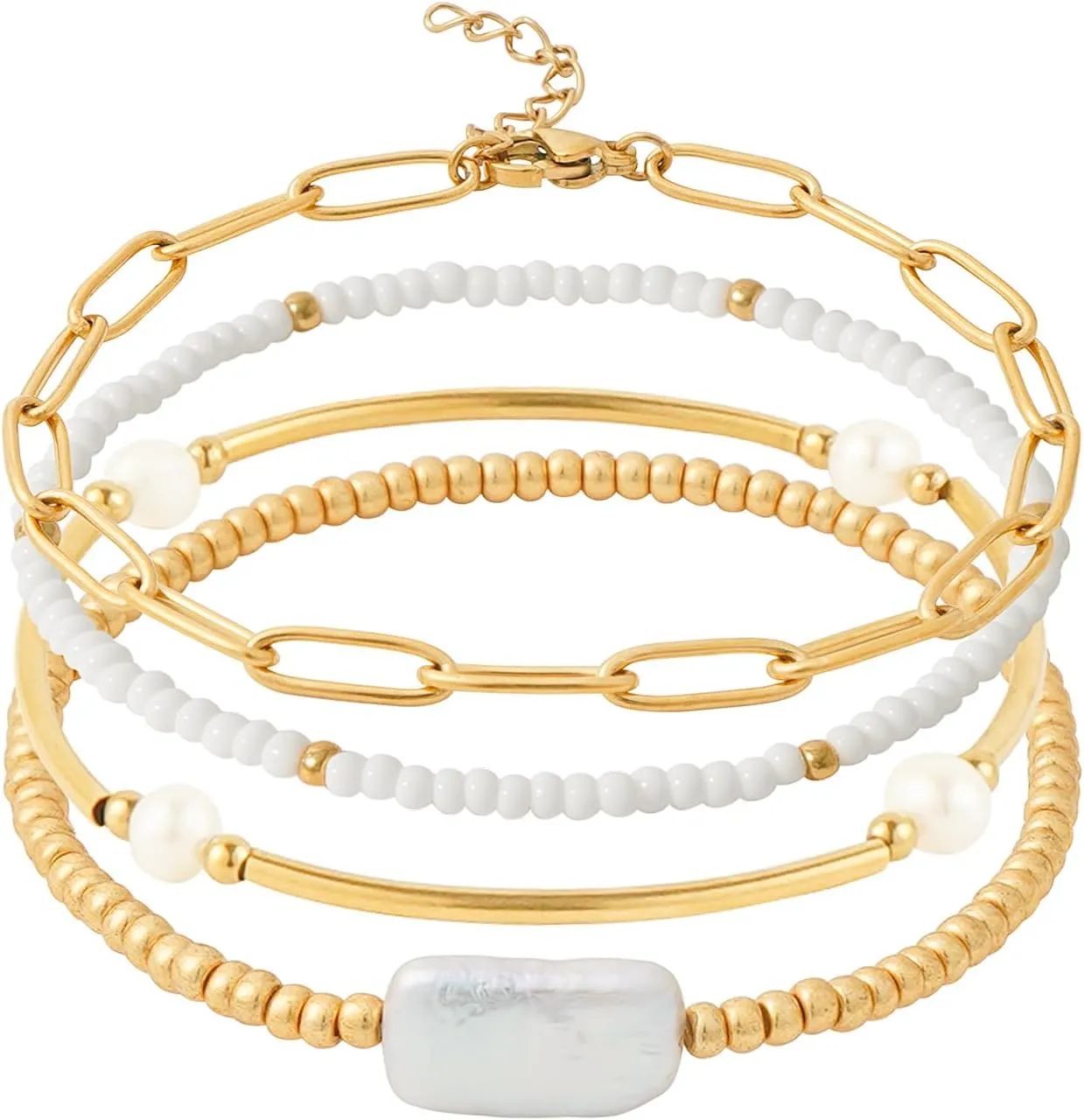 Gold Pearl Beaded Bracelets for Women Stackable Set, Elegant Delicate Paperclip Link Stretch Chain Summer Bracelet Dainty Trendy Gold Jewelry Birthday Gift