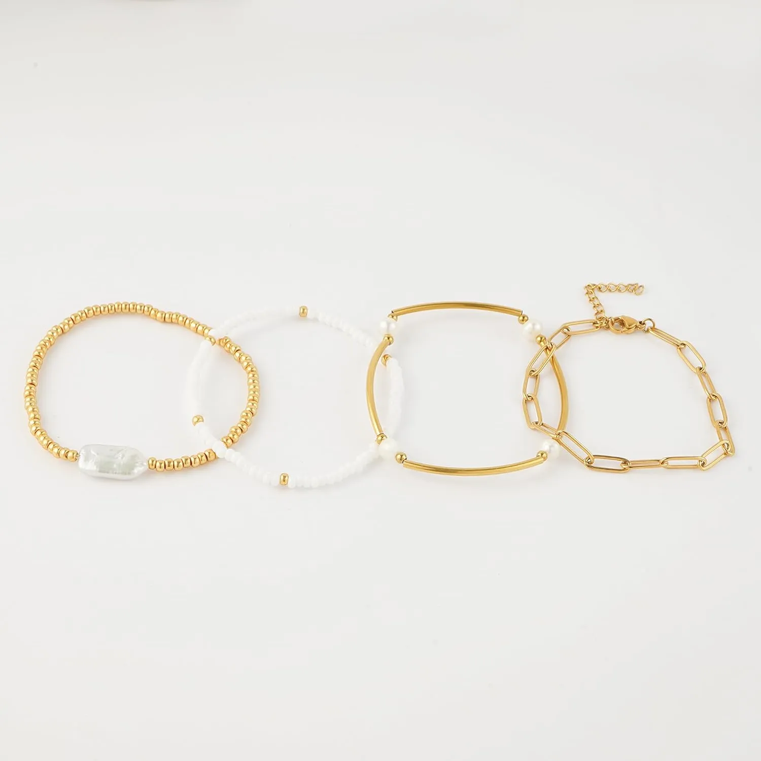 Gold Pearl Beaded Bracelets for Women Stackable Set, Elegant Delicate Paperclip Link Stretch Chain Summer Bracelet Dainty Trendy Gold Jewelry Birthday Gift