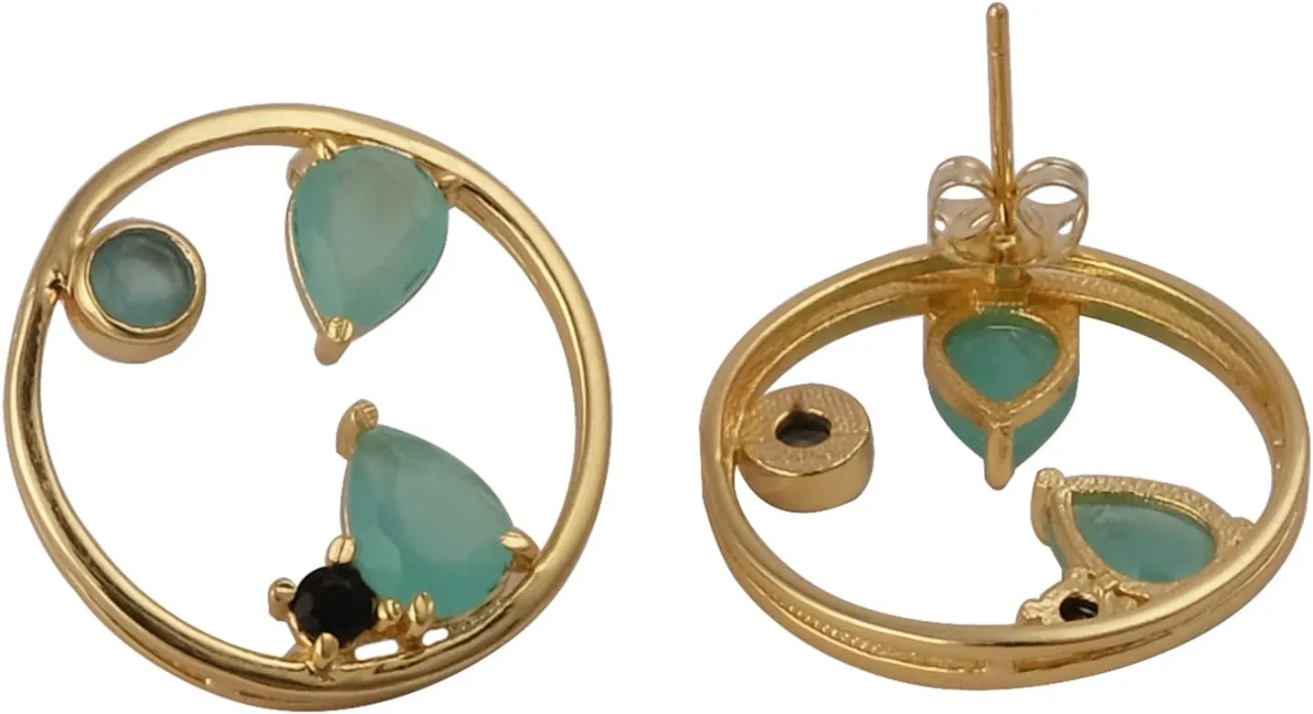 Gold Plated Push Back Stud Earring | Aqua Chalcedony & Black Onyx Gemstone Stud Earring Pair | Handmade Prong Set Pear & Round Shape Stud Earring | Gift For Her Jewelry| 1979)2