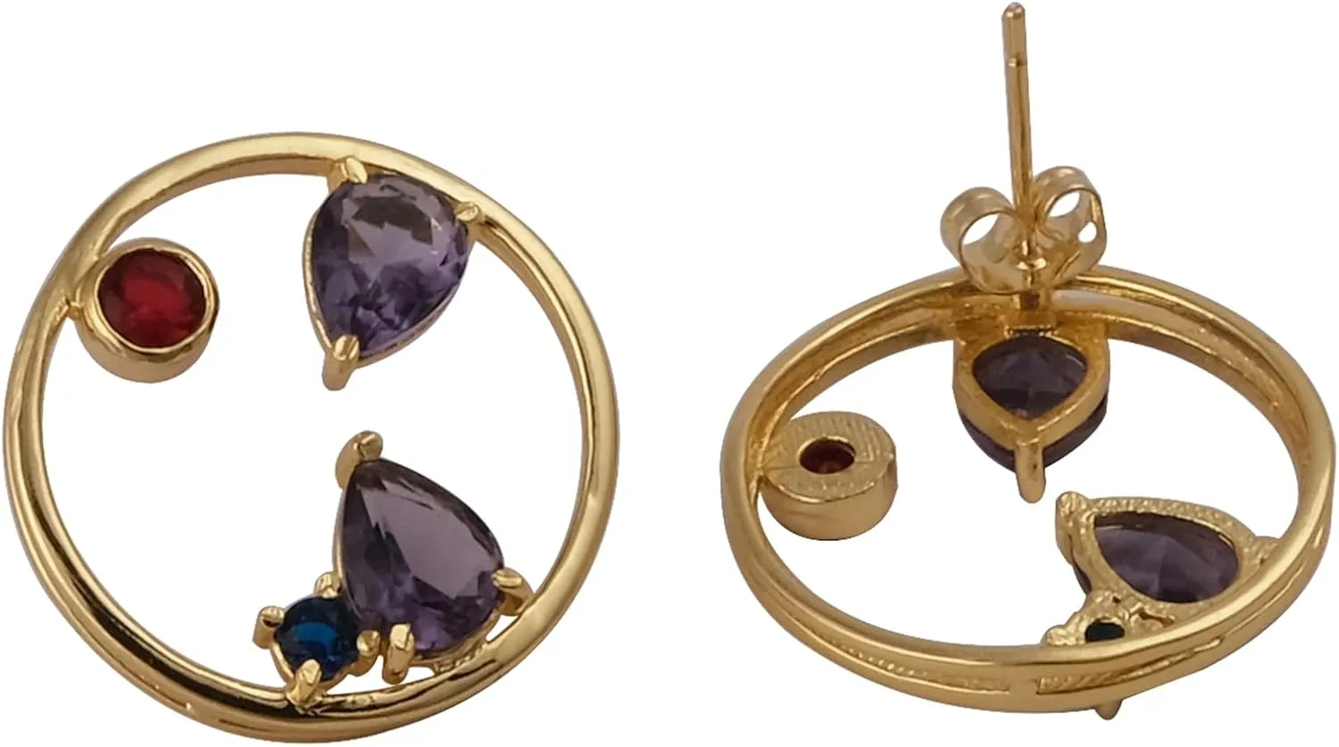 Gold Plated Push Back Stud Earring | Pear & Round Shape Handmade Prong Set Stud Earring | Gemstone Amethyst & Red Garnet & Iolite Stud Earring Pair | Gift For Her Jewelry | 1979)10