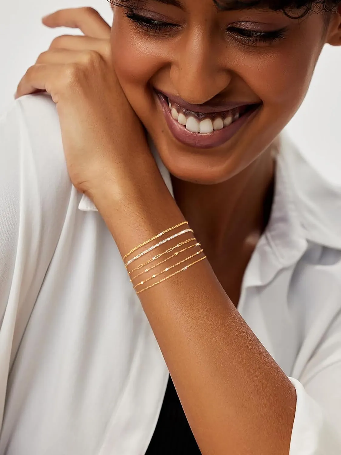 Gold Stack Bracelets for Women: Dainty Thin Bracelet Set Trendy 14K Gold Plated Waterproof Bracelets for Women Adjustable Tennis Beaded Figaro Rope Paperclip Box Link Bracelet Gold Jewelry