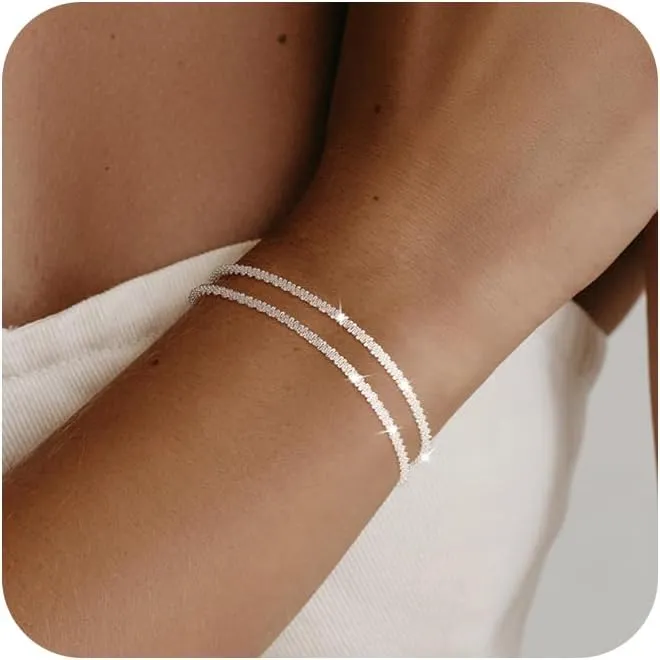 Gold Stack Bracelets for Women: Dainty Thin Bracelet Set Trendy 14K Gold Plated Waterproof Bracelets for Women Adjustable Tennis Beaded Figaro Rope Paperclip Box Link Bracelet Gold Jewelry