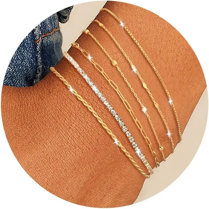Gold Stack Bracelets for Women: Dainty Thin Bracelet Set Trendy 14K Gold Plated Waterproof Bracelets for Women Adjustable Tennis Beaded Figaro Rope Paperclip Box Link Bracelet Gold Jewelry