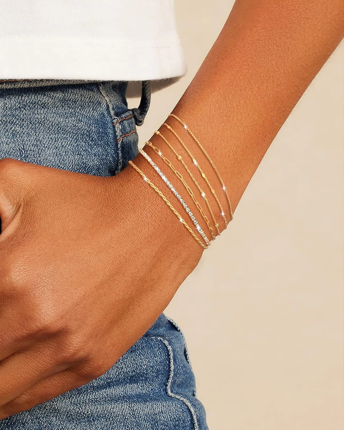 Gold Stack Bracelets for Women: Dainty Thin Bracelet Set Trendy 14K Gold Plated Waterproof Bracelets for Women Adjustable Tennis Beaded Figaro Rope Paperclip Box Link Bracelet Gold Jewelry