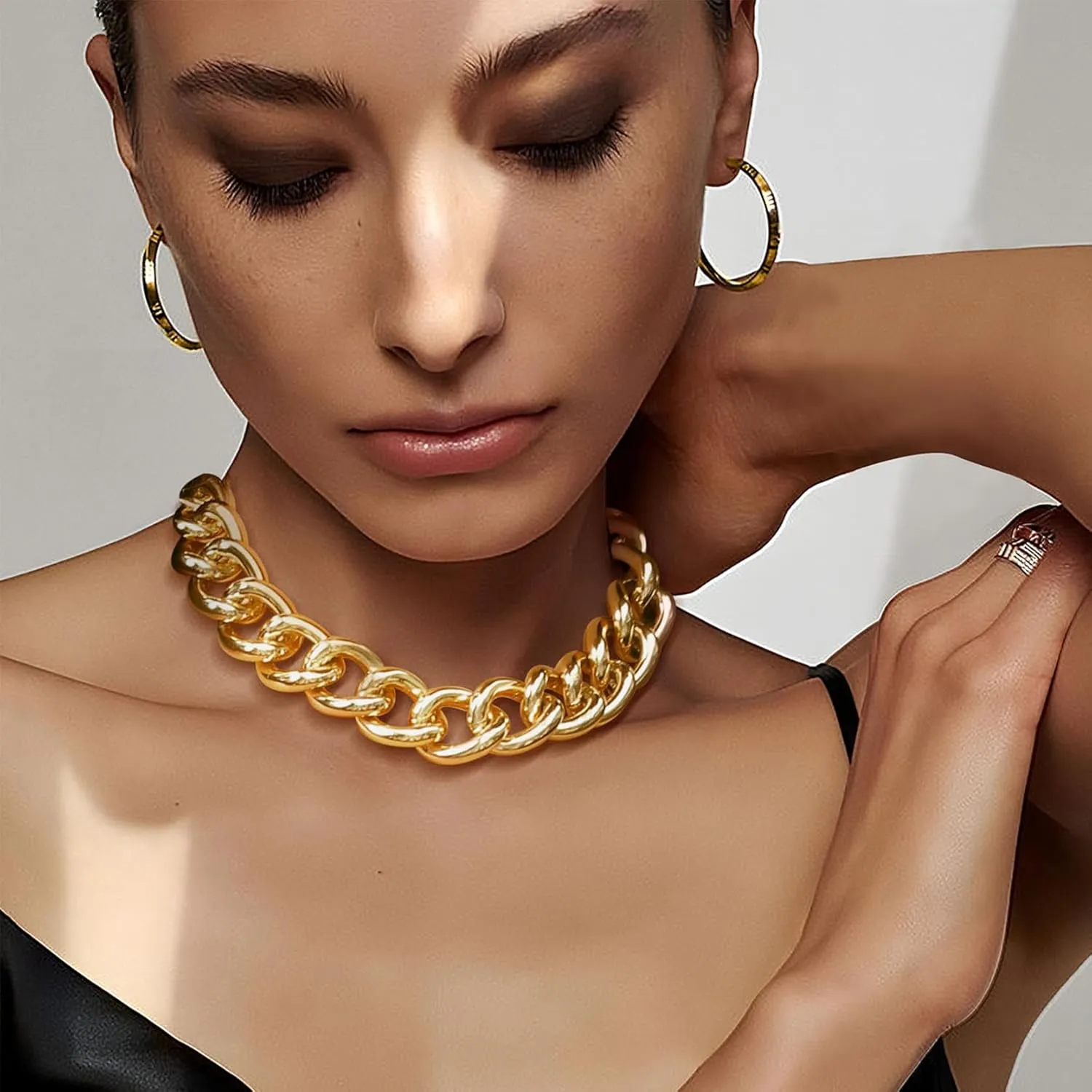 GOLDCHIC JEWELRY Chunky Chokers Gold Chain Necklace for Women, 5mm/12mm/23mm Hip Hop Turnover Cuban Chain Necklace, Thick Link Choker Chain Necklaces 161820 22''(Gift Box)