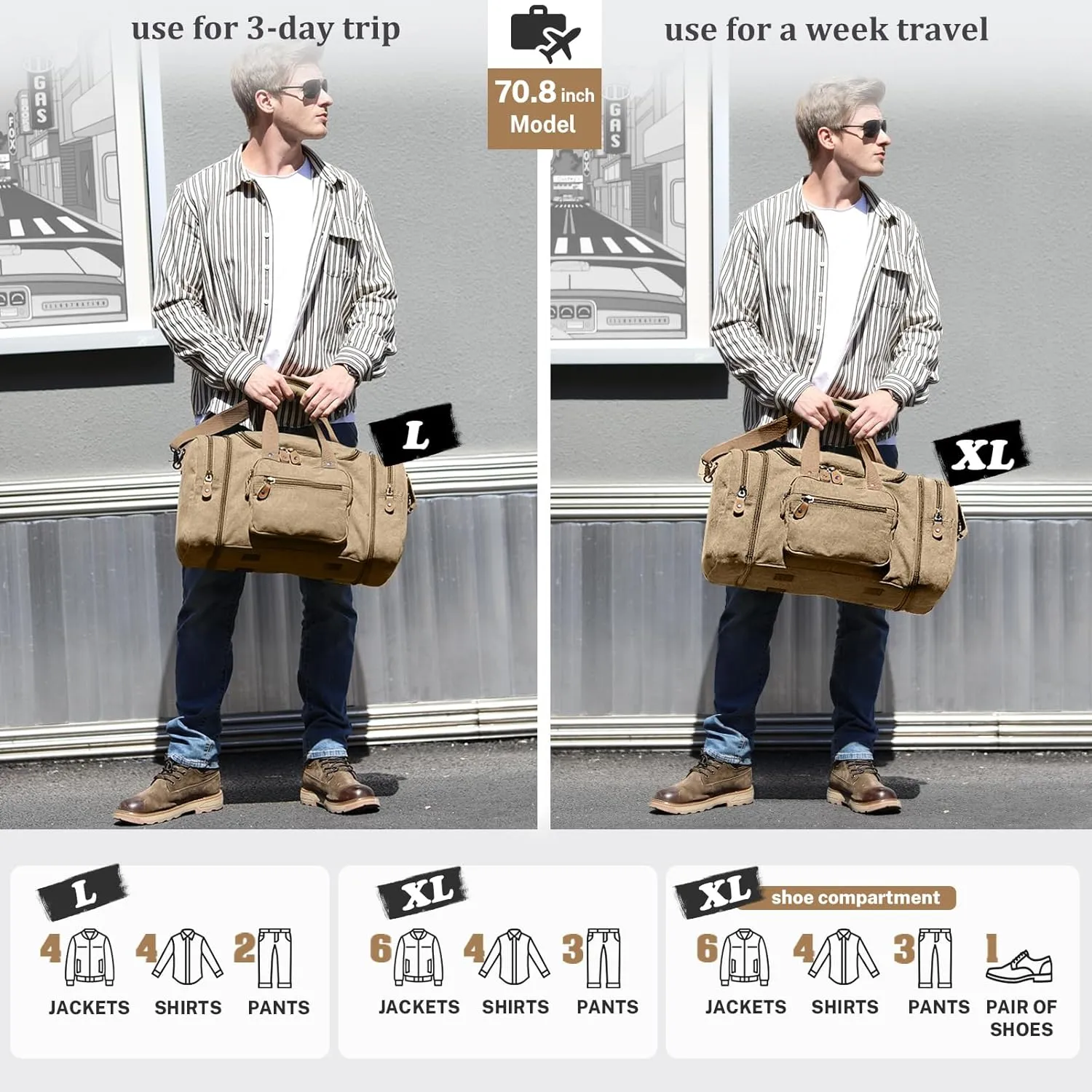 Gonex Canvas Duffle Bag for Travel 60L Duffel Overnight Weekend Bag(Coffee)