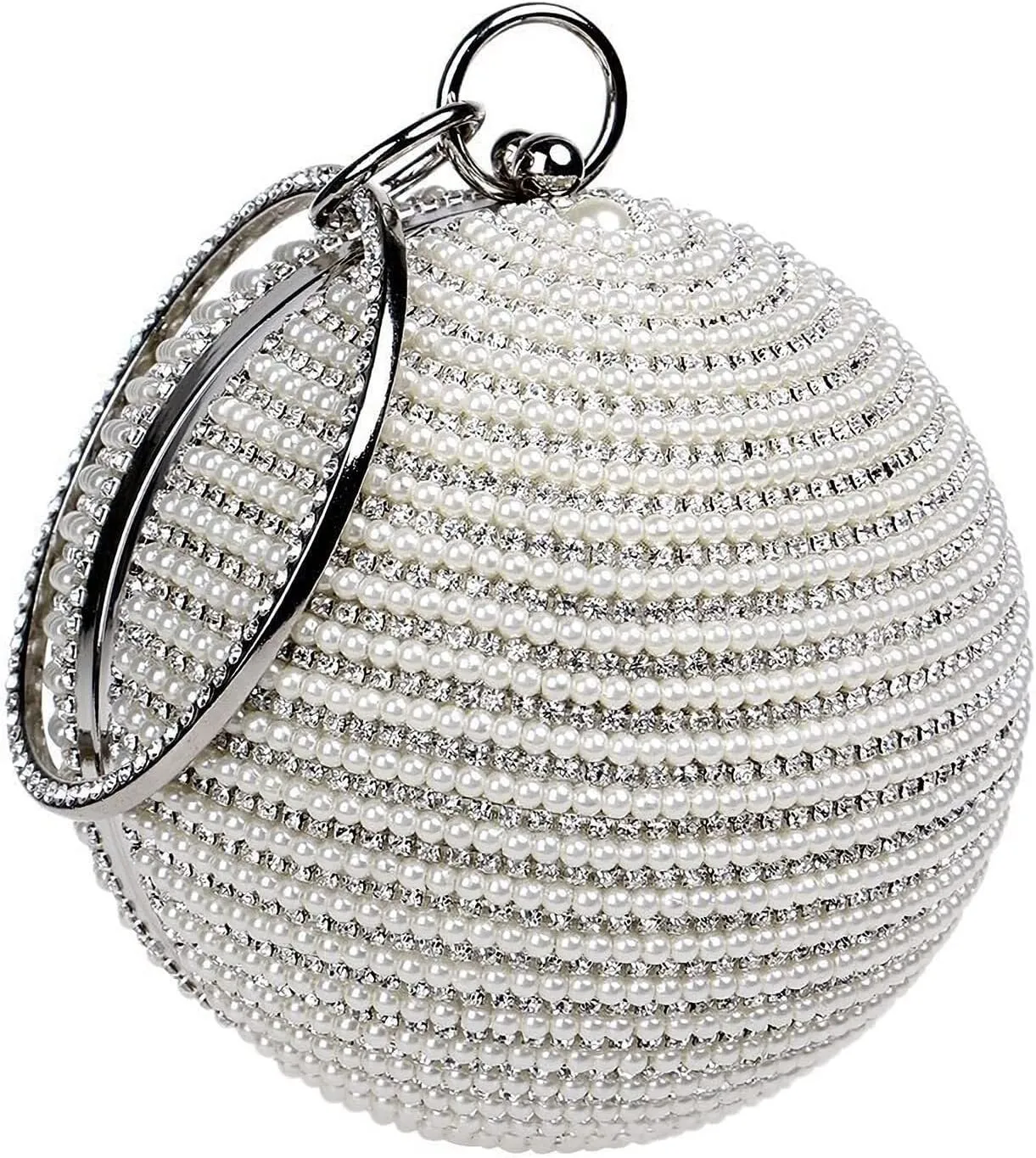 Handbag for Women Bridal Wedding Purse Crossbody Evening Round Ball Clutch Purse Beaded Pearl Rhinestones Shoulder