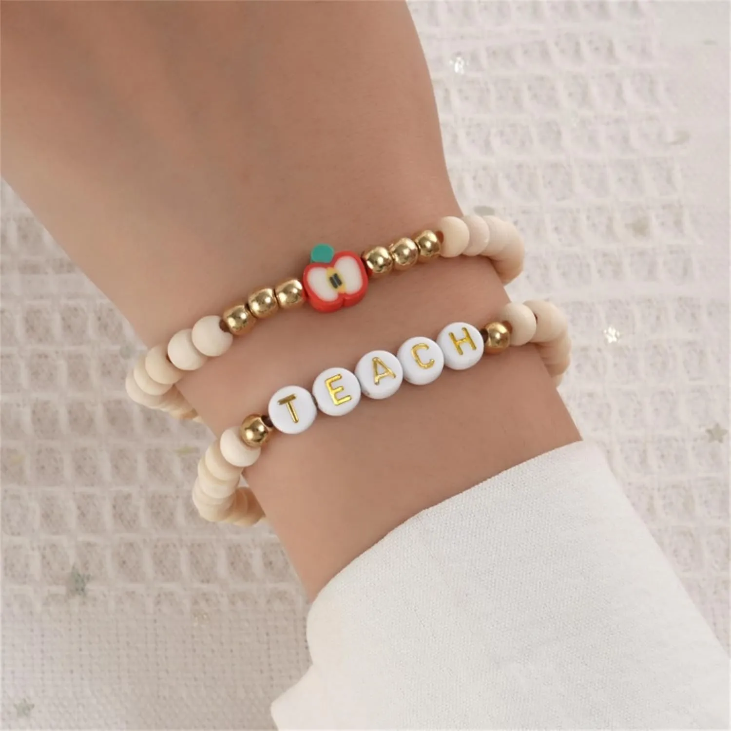 Handmade Teacher Appreciation Stackable Bracelets Teacher's Day Personalized Soft Clay Teach Inspire Nature Wood Beaded Elastic Bracelets for Women Christmas Graduation Birthday Party Fashion Jewelry Gifts