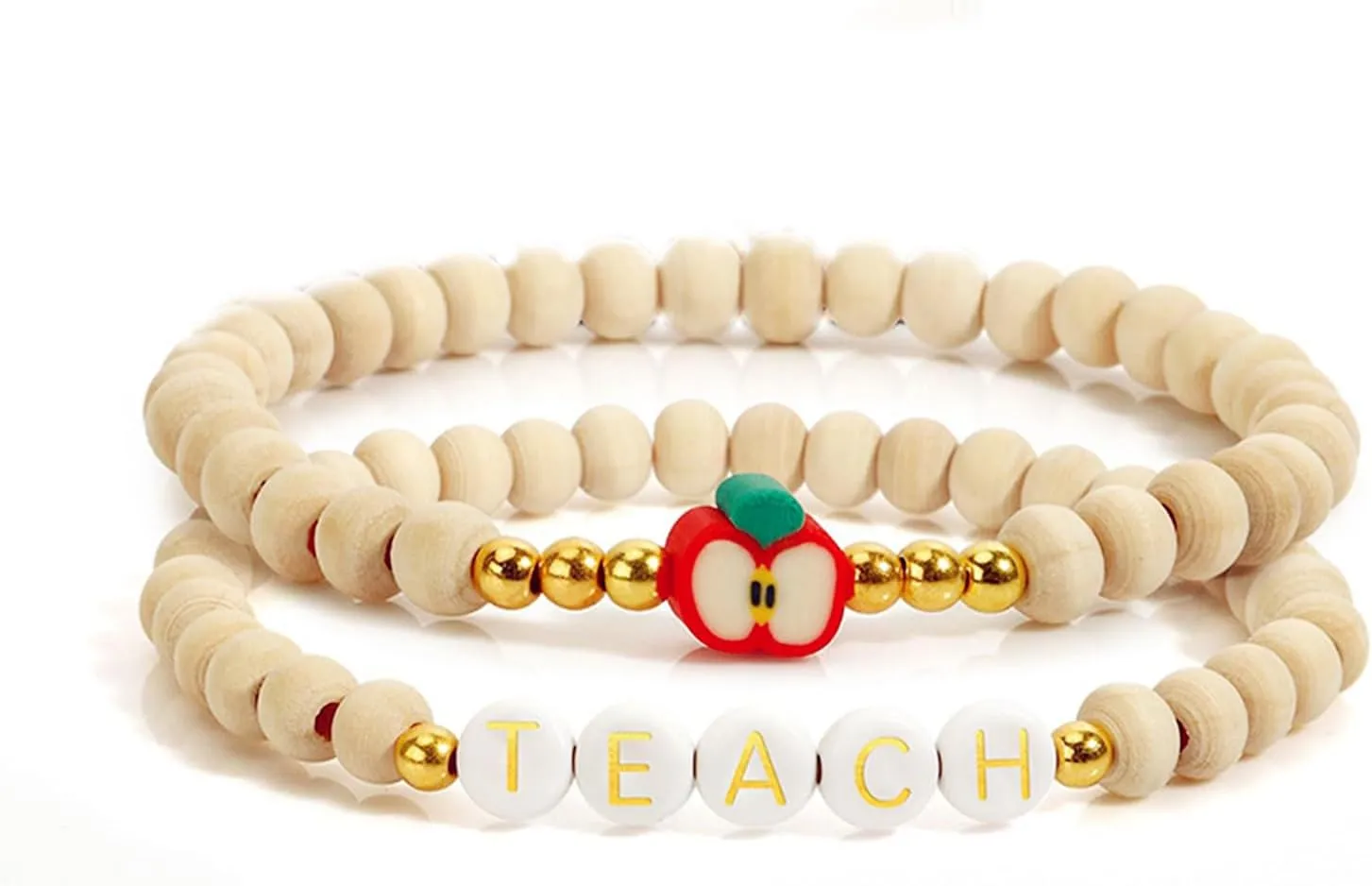 Handmade Teacher Appreciation Stackable Bracelets Teacher's Day Personalized Soft Clay Teach Inspire Nature Wood Beaded Elastic Bracelets for Women Christmas Graduation Birthday Party Fashion Jewelry Gifts