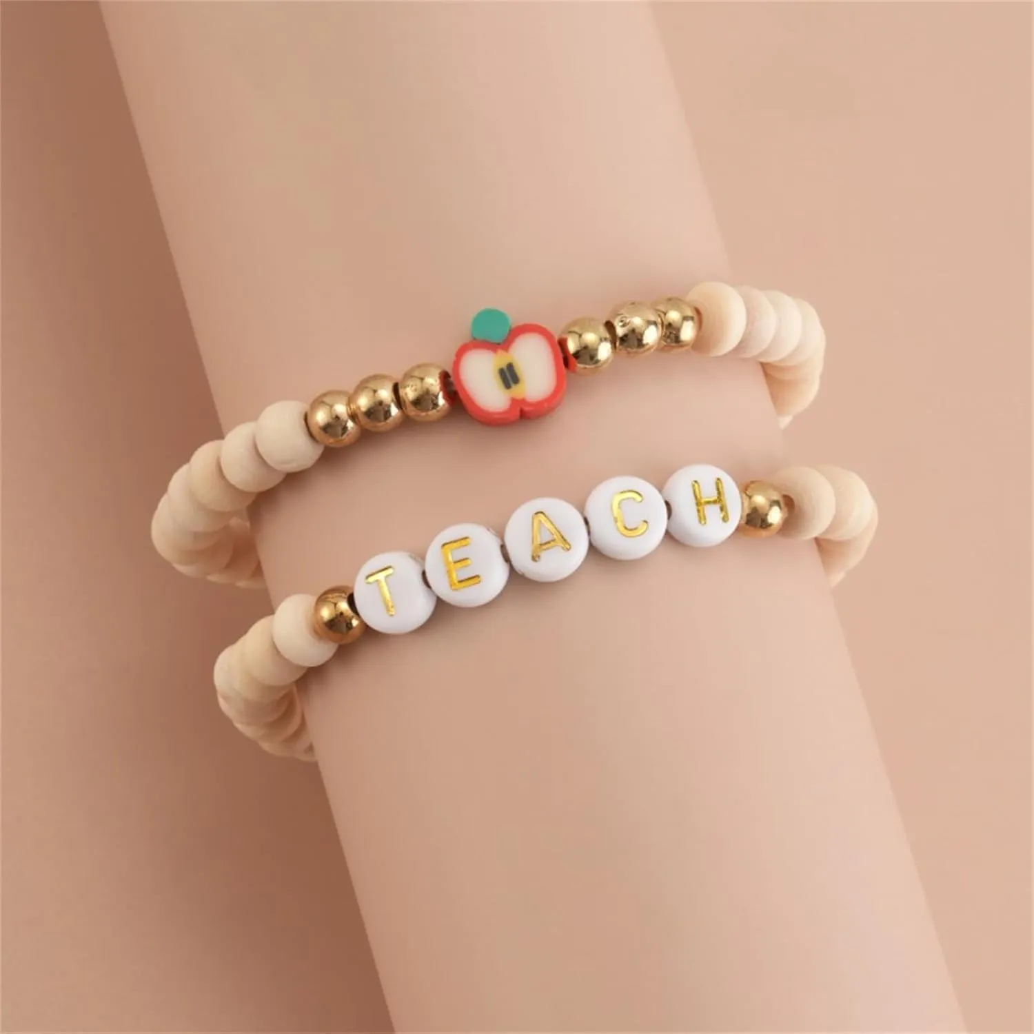 Handmade Teacher Appreciation Stackable Bracelets Teacher's Day Personalized Soft Clay Teach Inspire Nature Wood Beaded Elastic Bracelets for Women Christmas Graduation Birthday Party Fashion Jewelry Gifts