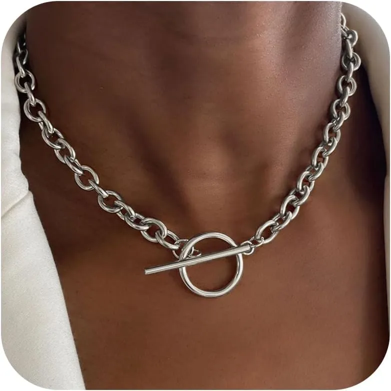 Harry and Henry Chunky Gold Toggle Necklace Trendy Silver Cuban Link Chain Choker Toggle Bar Clasp Necklaces for Women Chunky Statement Necklaces Jewelry Gifts