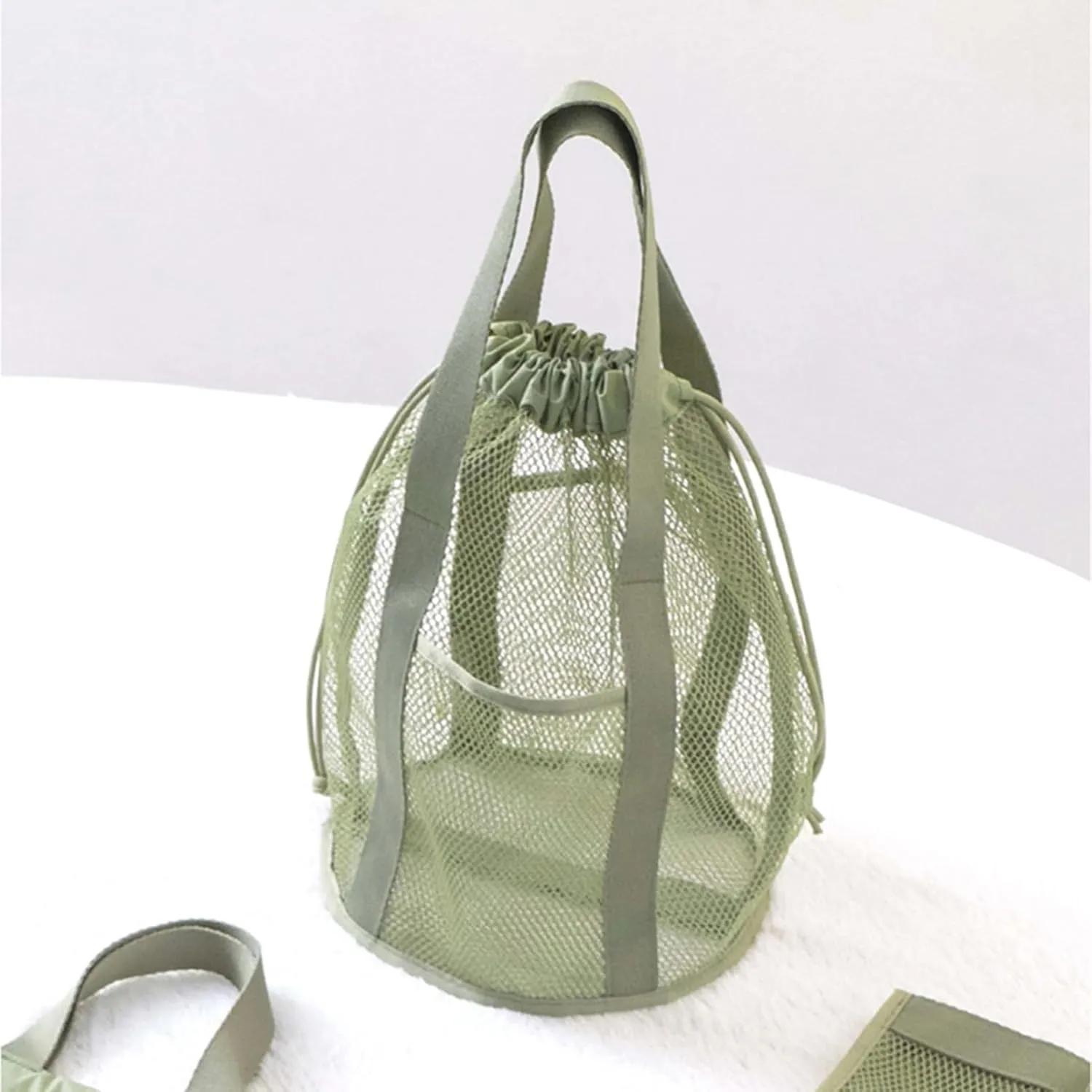 hatleues Mesh Toiletry Bag Drawstring Design Handheld Mesh Shower Caddy Foldable Lightweight Shower Bag for Travel Army Green