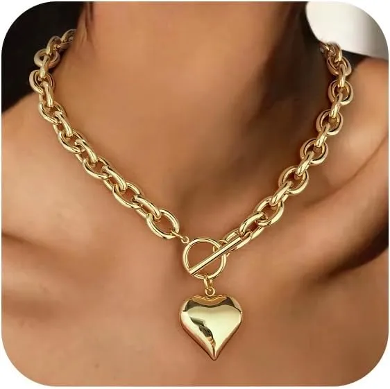 Heart Pendant Necklaces for Women Statement Chunky Chain Necklace Love Heart Charm Choker Necklace