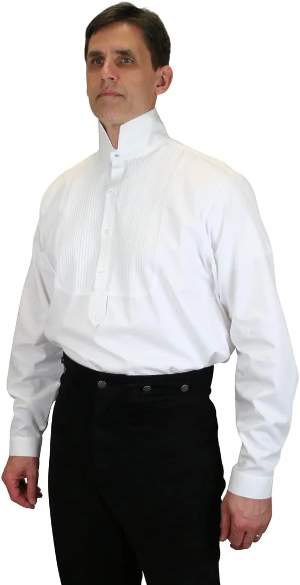 Historical Emporium Men's High Stand Collar Convert. Stud/Cuff Pleated Cotton Tuxedo Dress Shirt, Regency Victorian Formal