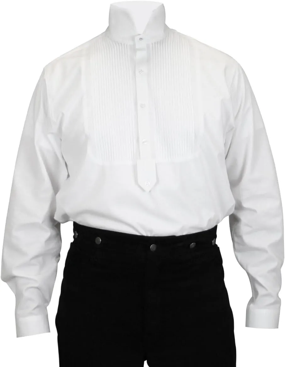 Historical Emporium Men's High Stand Collar Convert. Stud/Cuff Pleated Cotton Tuxedo Dress Shirt, Regency Victorian Formal