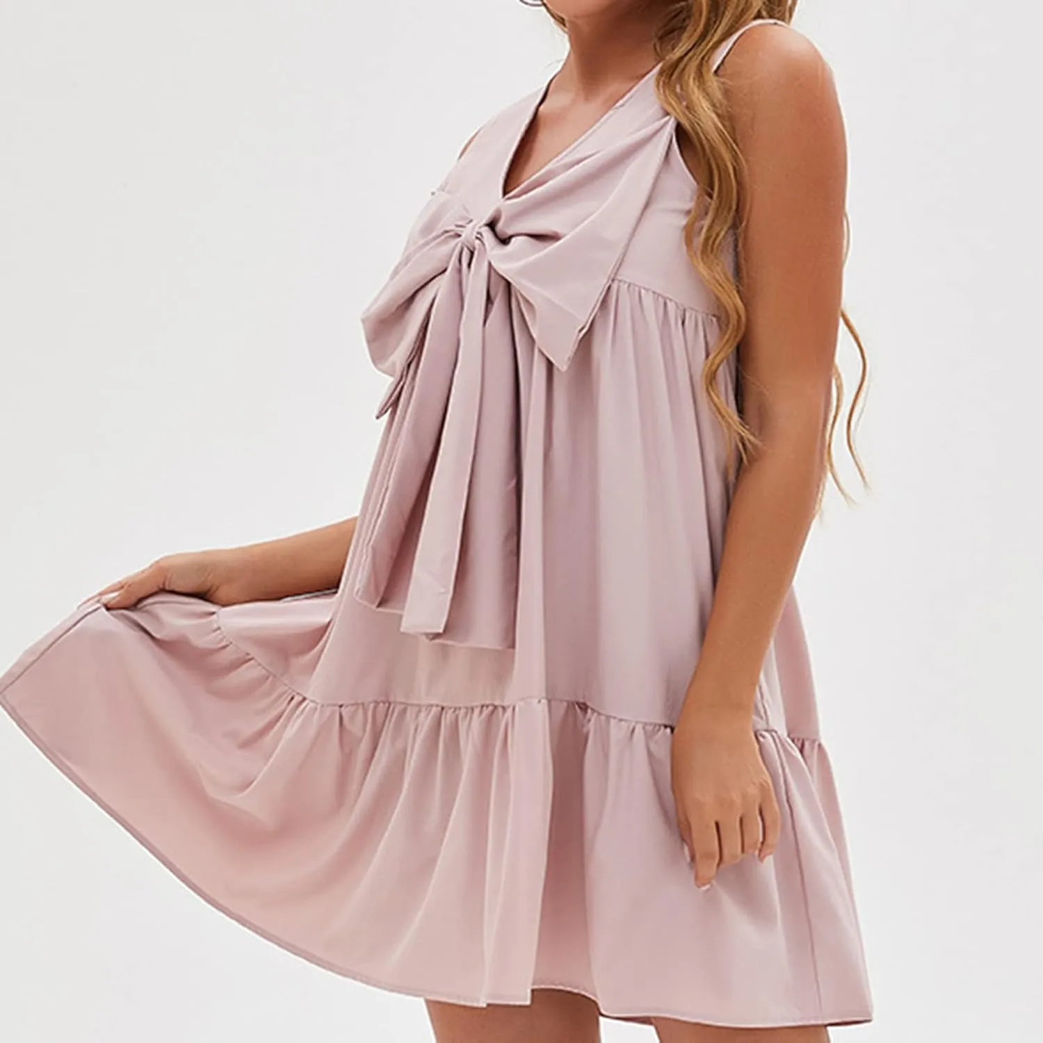 hlysgo Women's Summer Dress Casual Loose Fit Sleeveless V Neck Knee Length Beach Sundress Cute Front Tie-Bow Mini Dresses