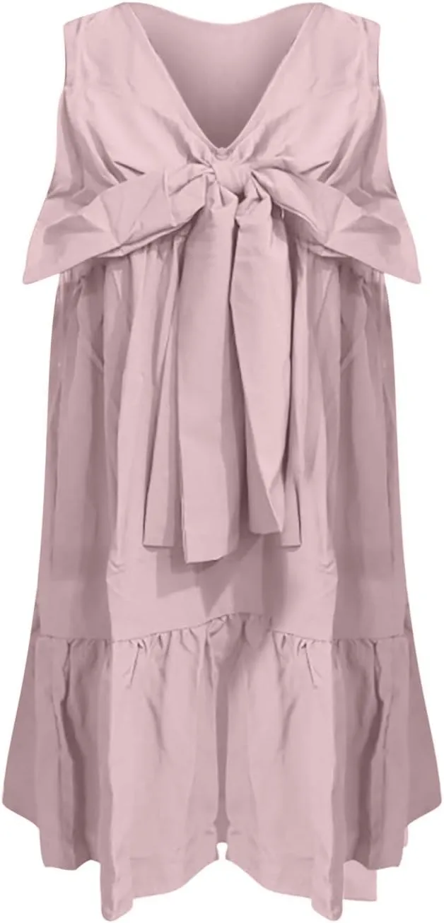hlysgo Women's Summer Dress Casual Loose Fit Sleeveless V Neck Knee Length Beach Sundress Cute Front Tie-Bow Mini Dresses