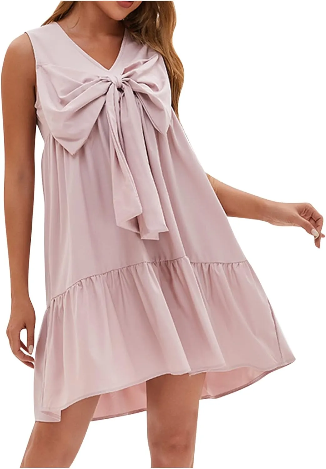 hlysgo Women's Summer Dress Casual Loose Fit Sleeveless V Neck Knee Length Beach Sundress Cute Front Tie-Bow Mini Dresses