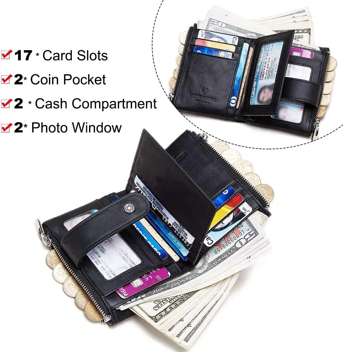 HUMERPAUL Mens Wallet with Chain RFID Blocking Genuine Leather Wallet Bifold Purse with ID Window and Zipper Coin Pocket (Black)