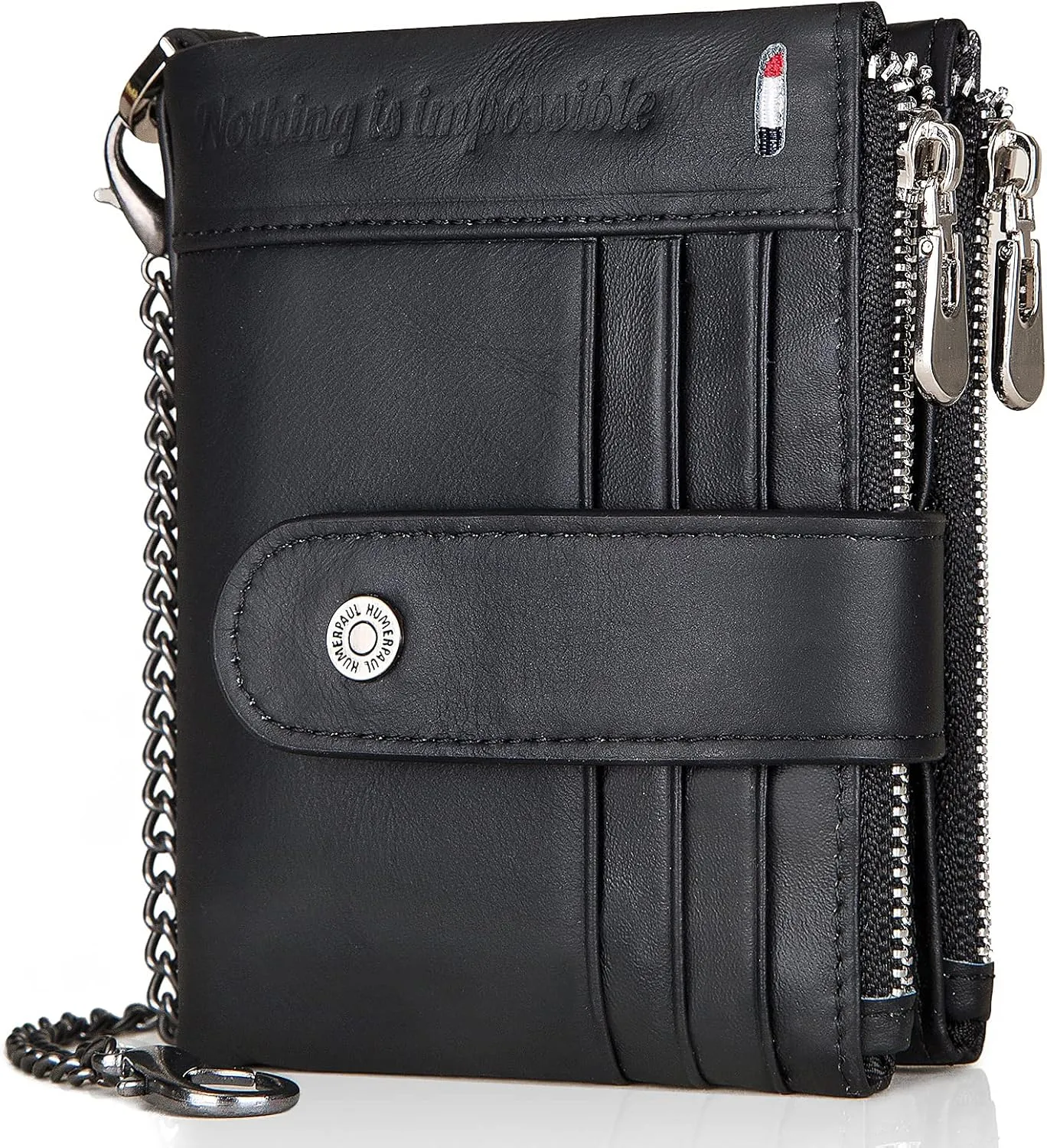 HUMERPAUL Mens Wallet with Chain RFID Blocking Genuine Leather Wallet Bifold Purse with ID Window and Zipper Coin Pocket (Black)