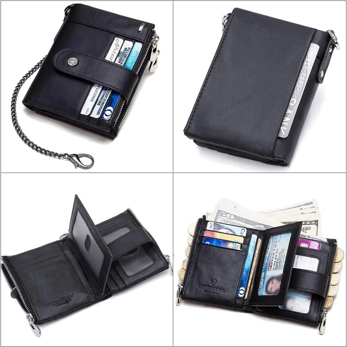 HUMERPAUL Mens Wallet with Chain RFID Blocking Genuine Leather Wallet Bifold Purse with ID Window and Zipper Coin Pocket (Black)