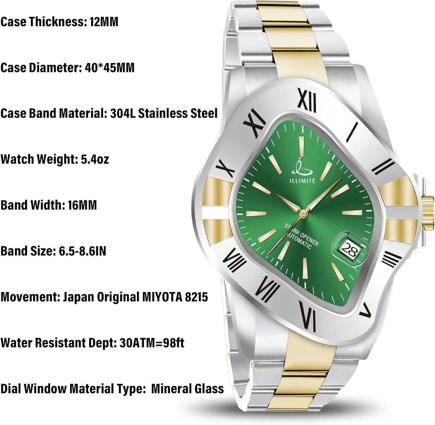 ILLIMITE Automatic Watches for Men Japanese Mechanical Miyota 8215 Movement Self-Winding Analog Luminous Stainless Steel Wrist Watches Starr Opener