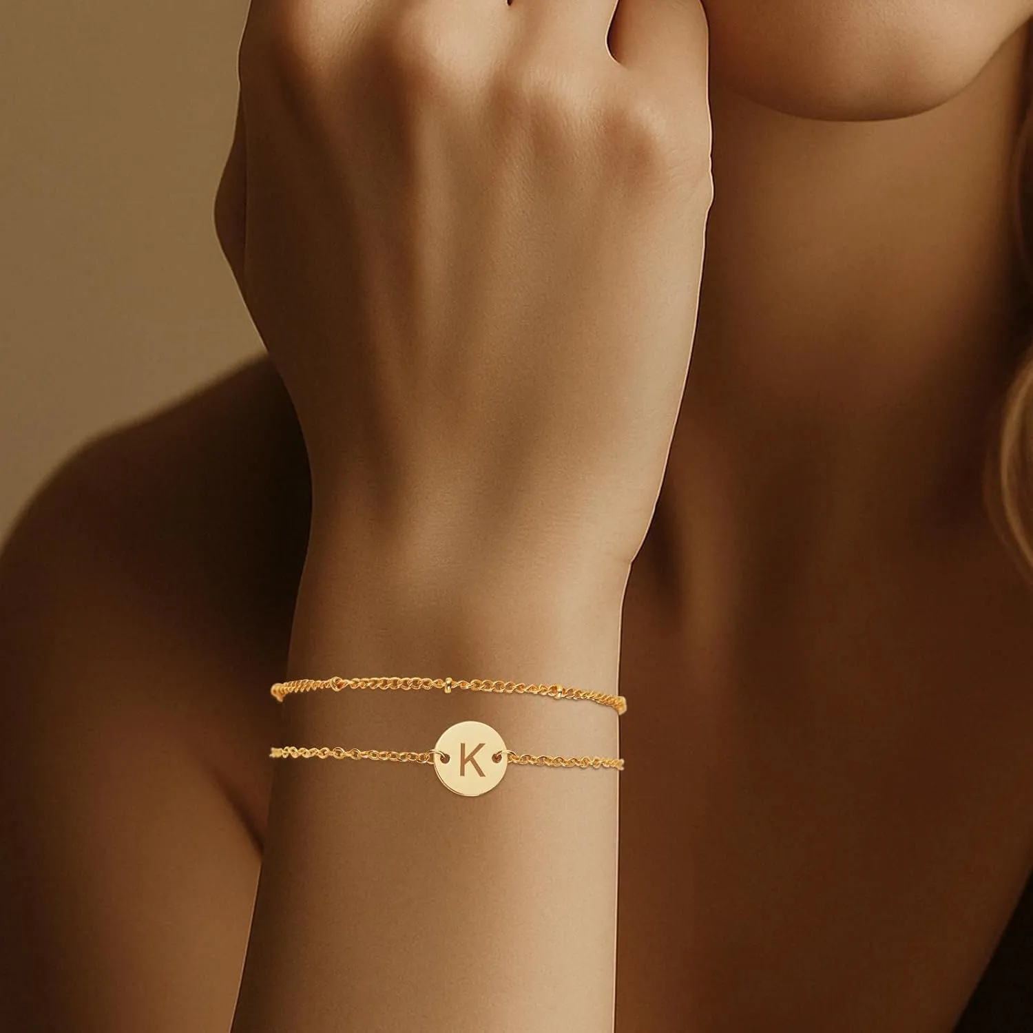 Initial Bracelets for Women  18K Gold Plated Layered Beaded Letter Bracelet Personalized Disc Monogram Charm Bracelet for Women Jewelry Gifts