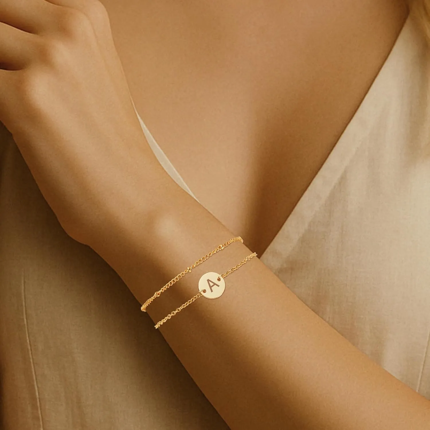 Initial Bracelets for Women  18K Gold Plated Layered Beaded Letter Bracelet Personalized Disc Monogram Charm Bracelet for Women Jewelry Gifts
