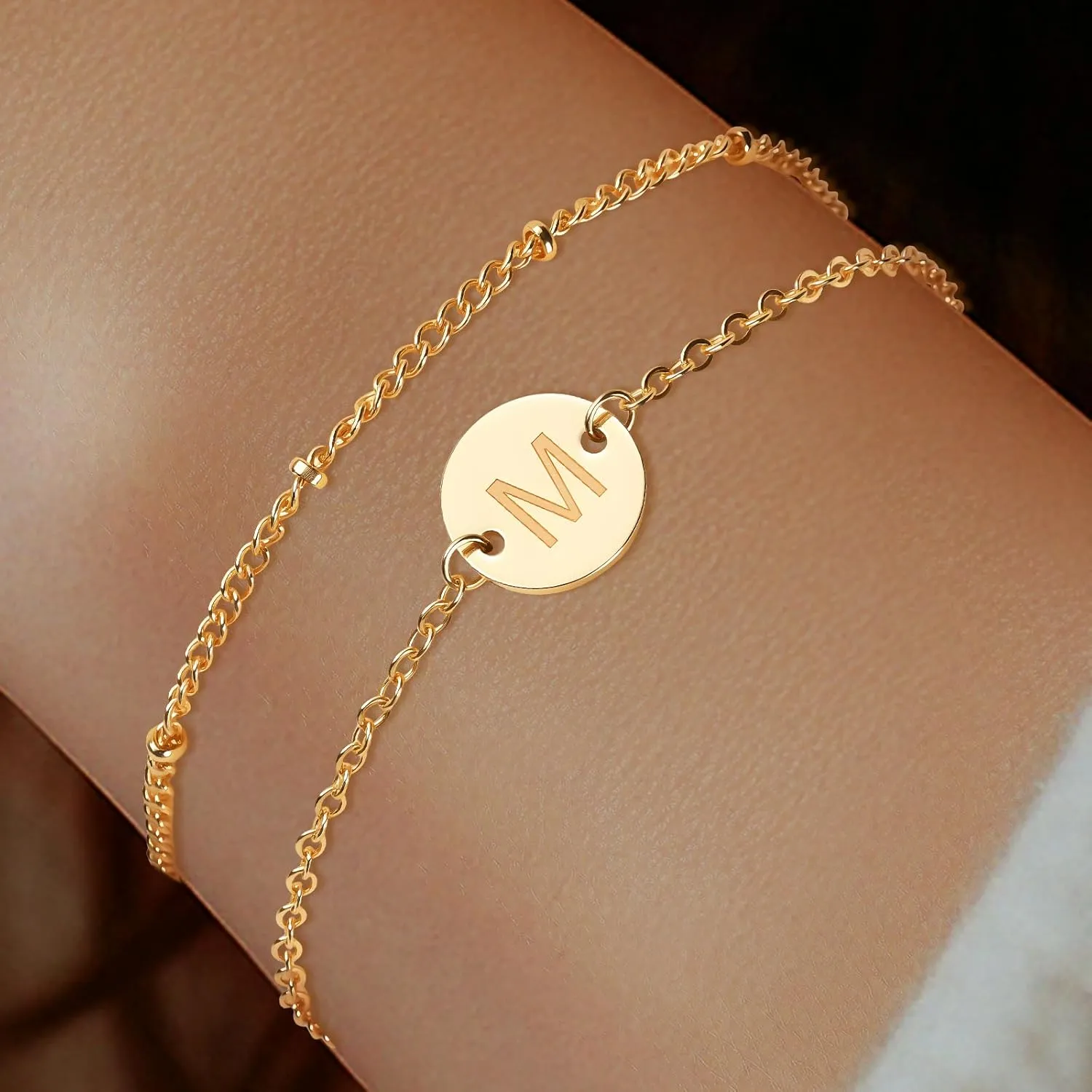 Initial Bracelets for Women  18K Gold Plated Layered Beaded Letter Bracelet Personalized Disc Monogram Charm Bracelet for Women Jewelry Gifts