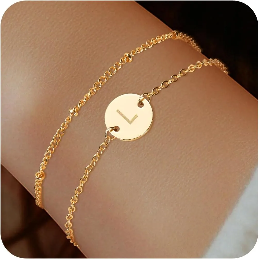 Initial Bracelets for Women  18K Gold Plated Layered Beaded Letter Bracelet Personalized Disc Monogram Charm Bracelet for Women Jewelry Gifts