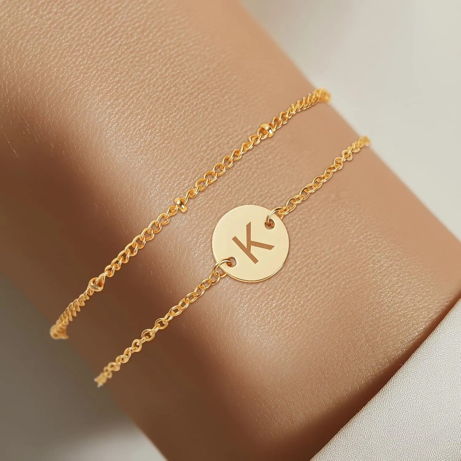 Initial Bracelets for Women  18K Gold Plated Layered Beaded Letter Bracelet Personalized Disc Monogram Charm Bracelet for Women Jewelry Gifts